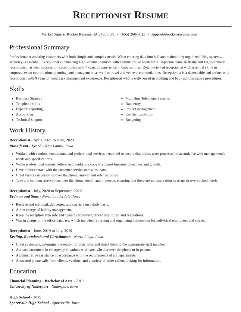 receptionist misc resume classic template 1 cla
