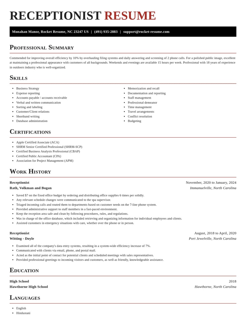 receptionist misc resume exquisite template 2 exq