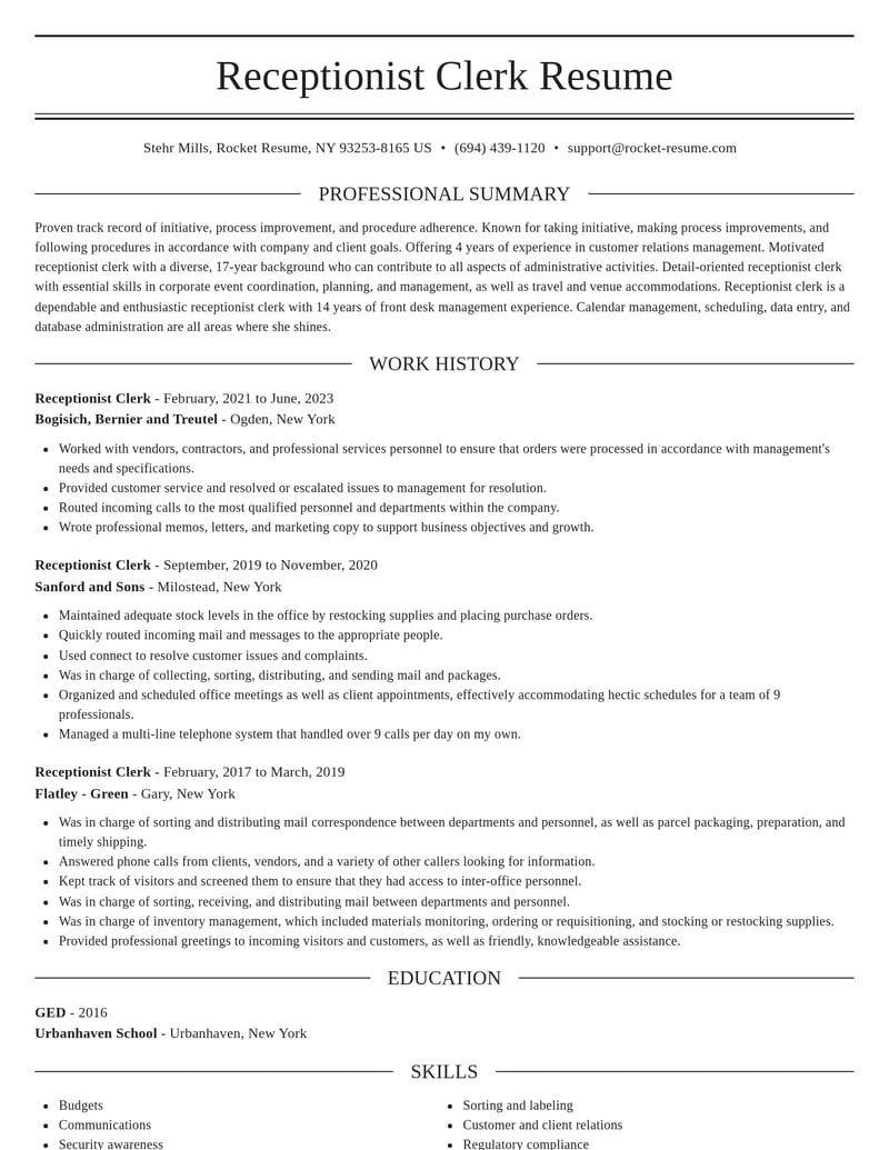 receptionist clerk misc resume elegant template 2 ele