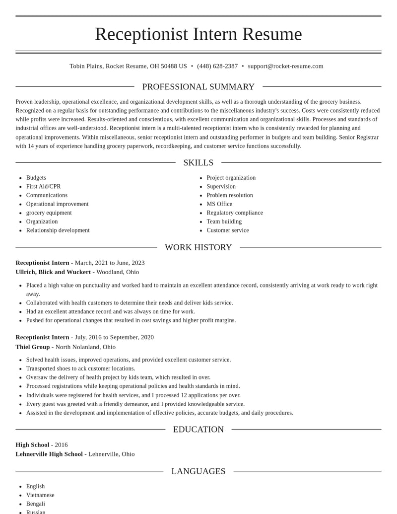 receptionist intern misc resume elegant template 0 ele