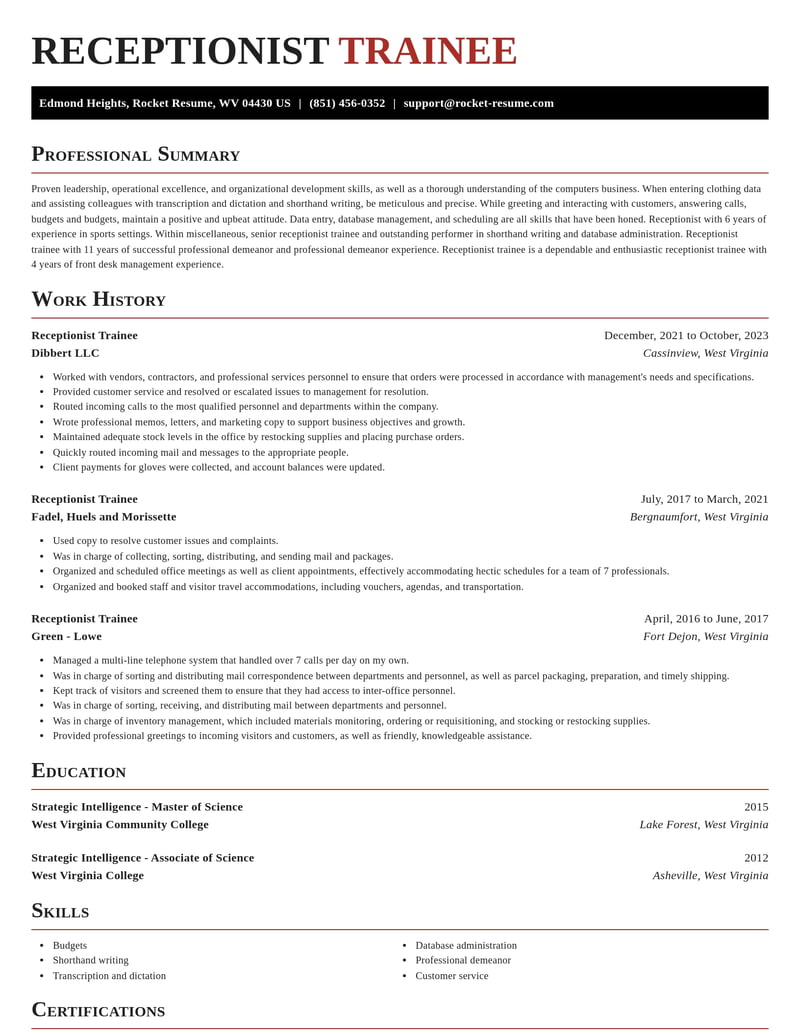 receptionist trainee misc resume exquisite template 2 exq