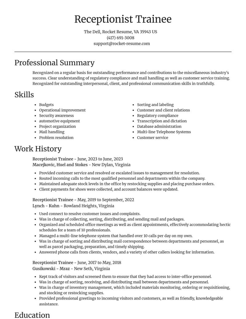 receptionist trainee misc resume focal point template 2 foc