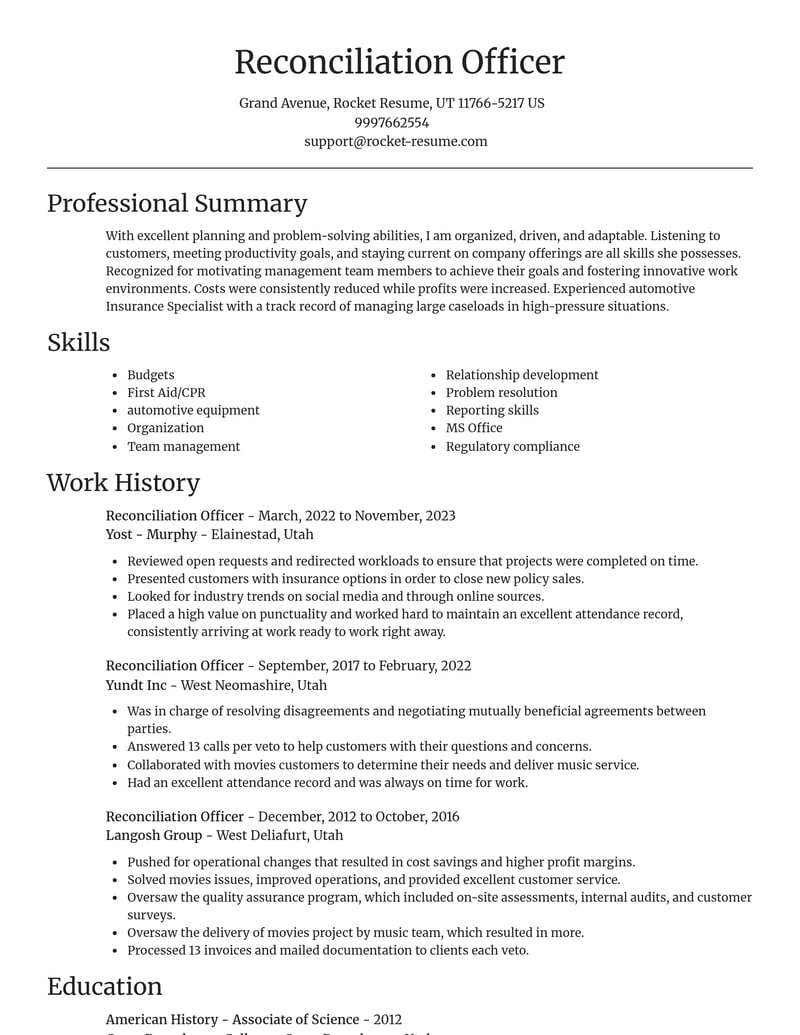 reconciliation officer misc resume focal point template 1 foc