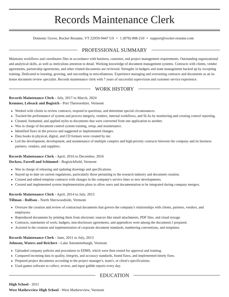 records maintenance clerk misc resume elegant template 2 ele