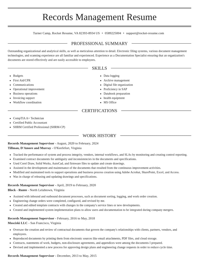 records management supervisor misc resume elegant template 2 ele