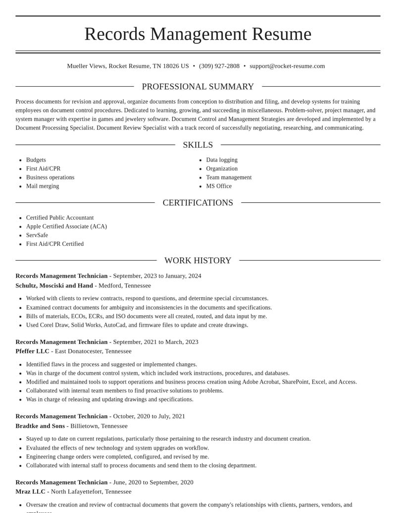 records management technician misc resume elegant template 0 ele