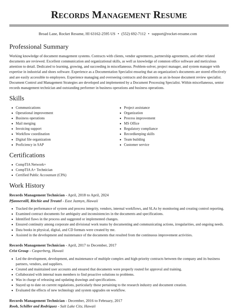 records management technician misc resume classic template 2 cla