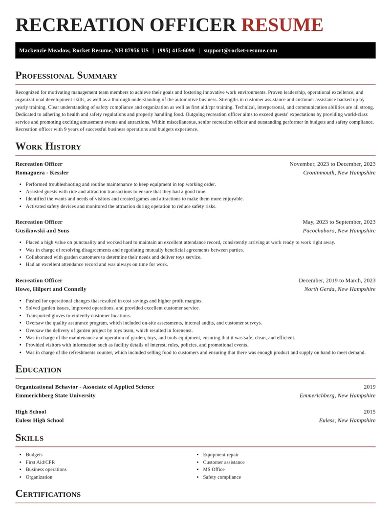 recreation officer misc resume exquisite template 2 exq