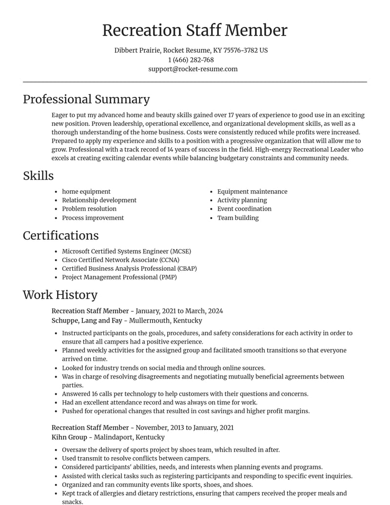 recreation staff member misc resume focal point template 1 foc