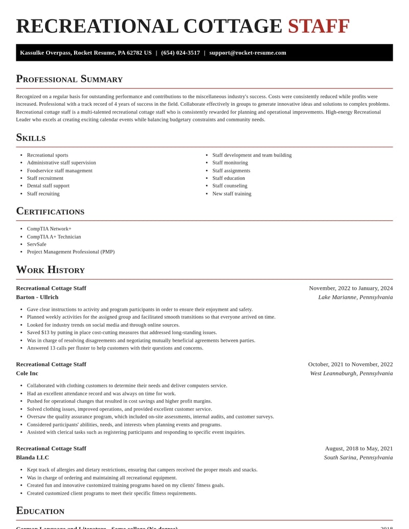 recreational cottage staff misc resume exquisite template 0 exq