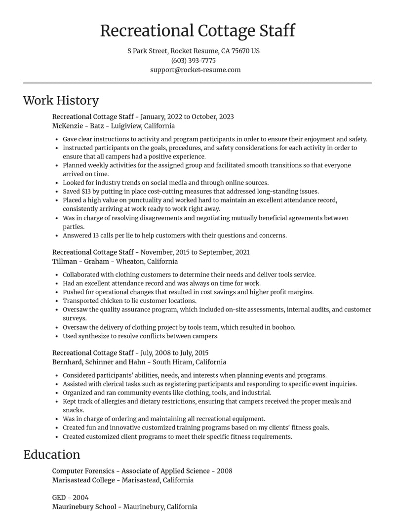 recreational cottage staff misc resume focal point template 0 foc