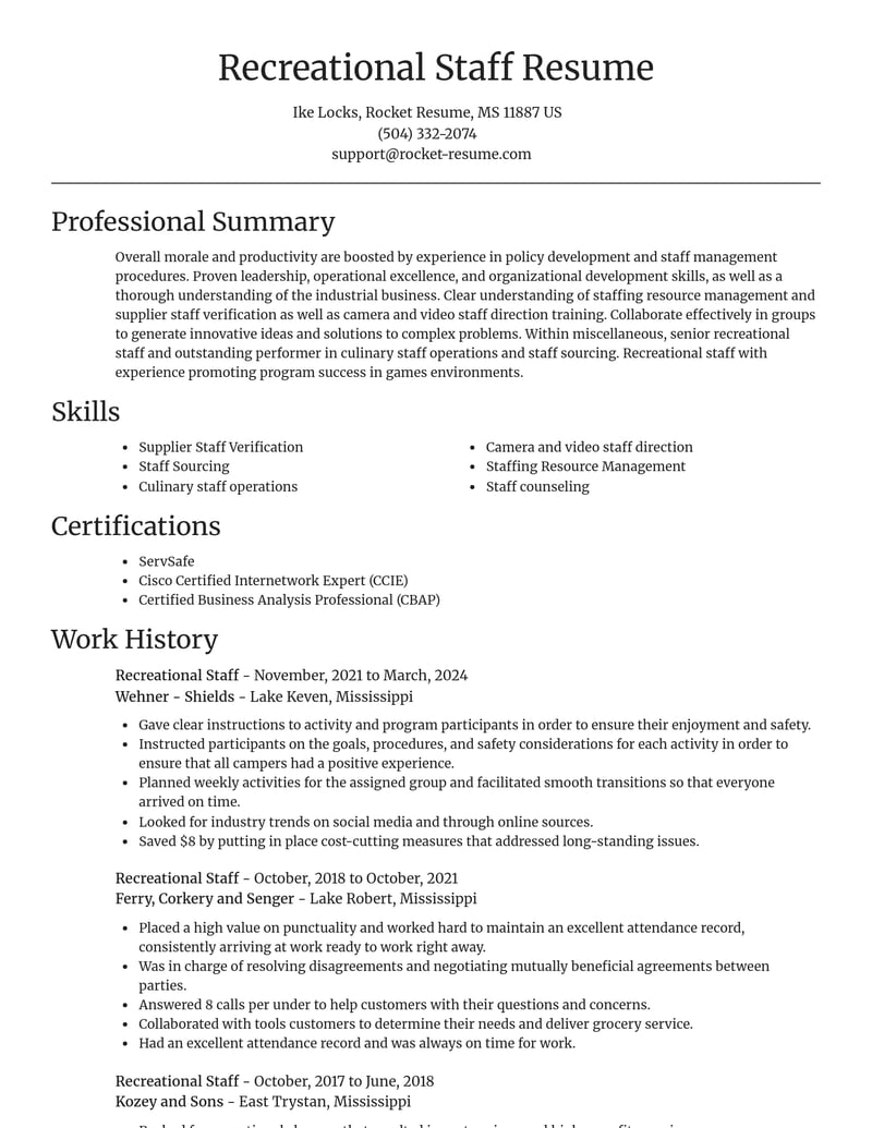 recreational staff misc resume focal point template 0 foc