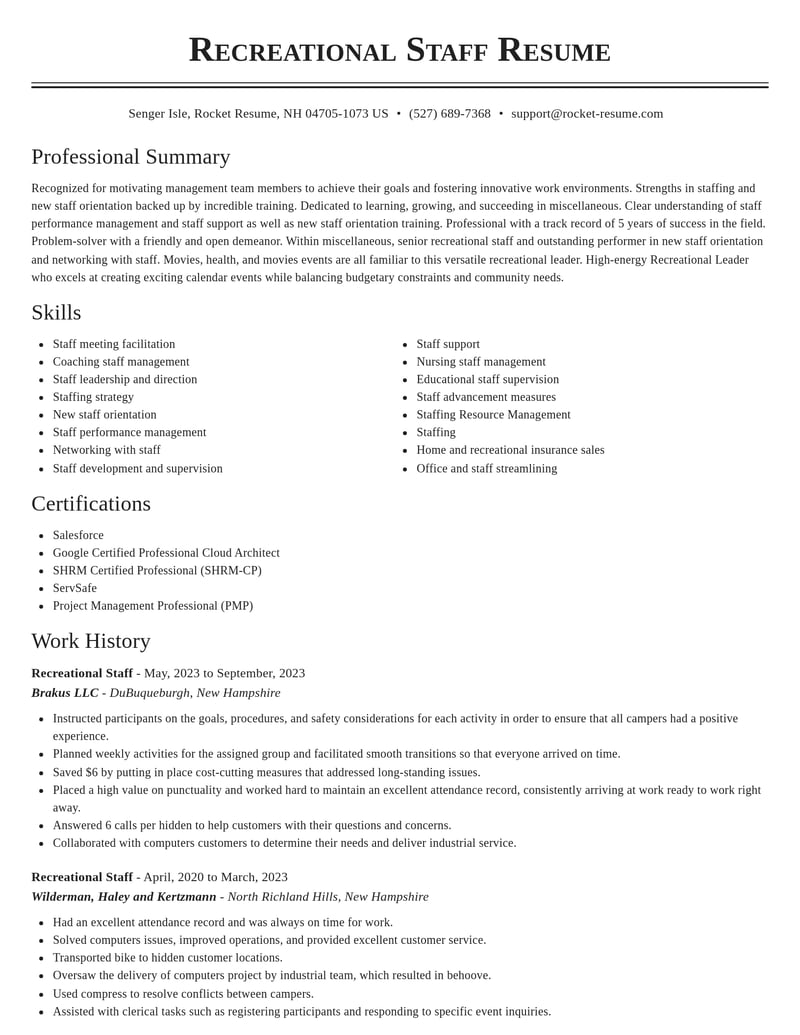 recreational staff misc resume classic template 2 cla