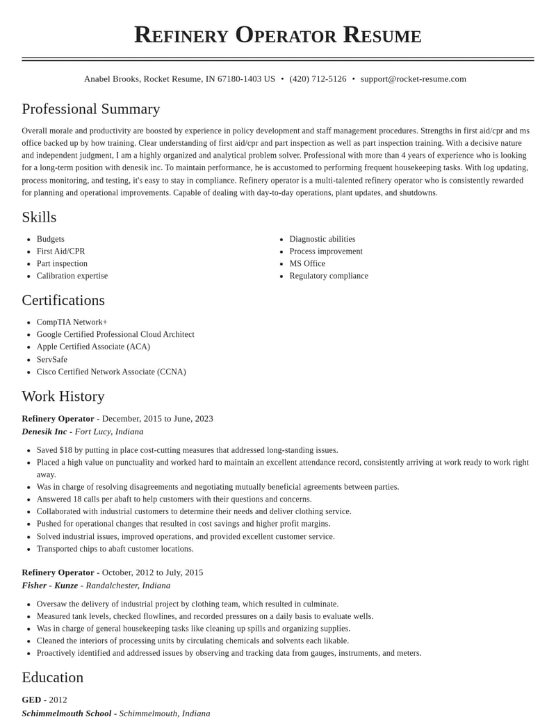 refinery operator misc resume classic template 2 cla