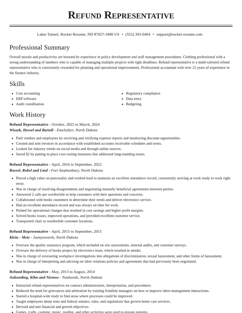 refund representative misc resume classic template 1 cla
