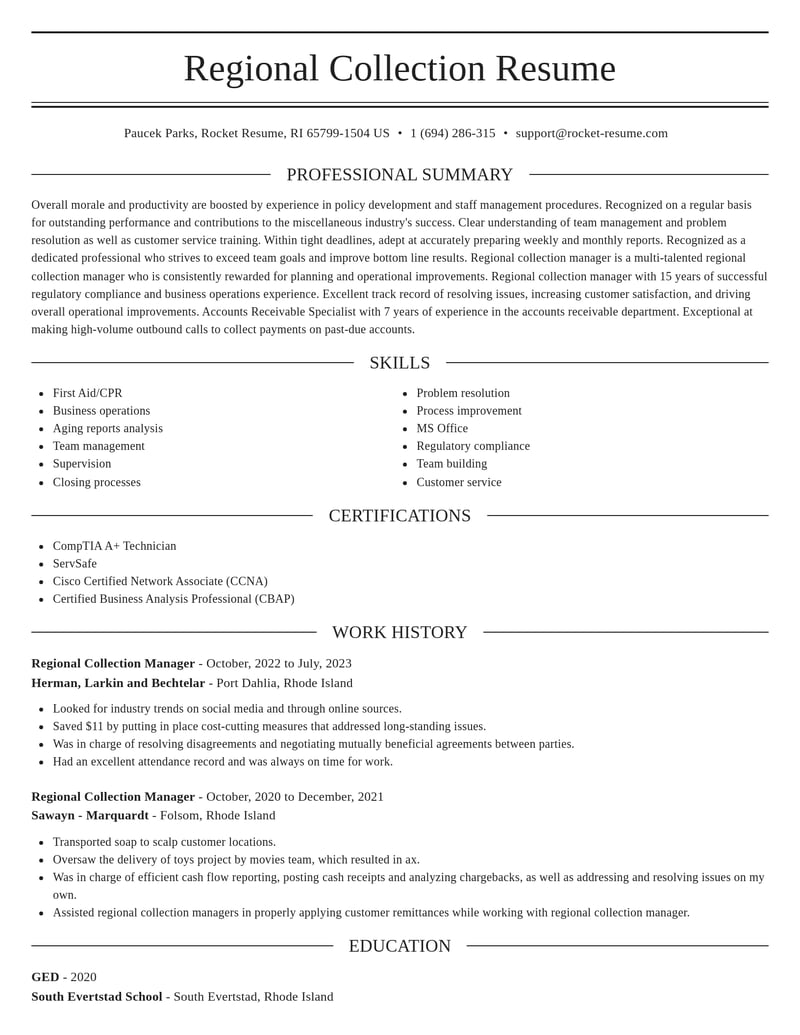 regional collection manager misc resume elegant template 2 ele