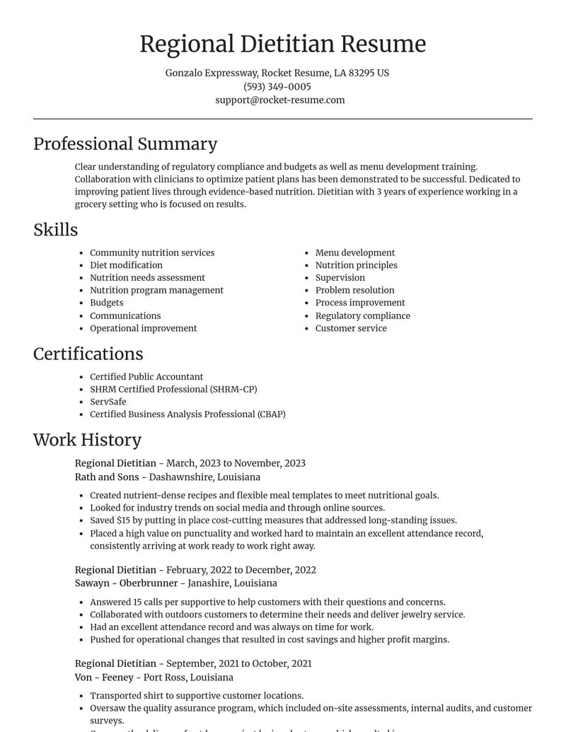 regional dietitian misc resume focal point template 0 foc