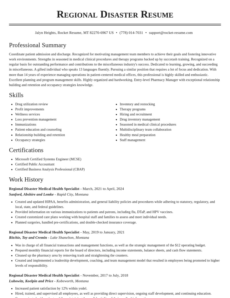 regional disaster medical health specialist misc resume classic template 0 cla