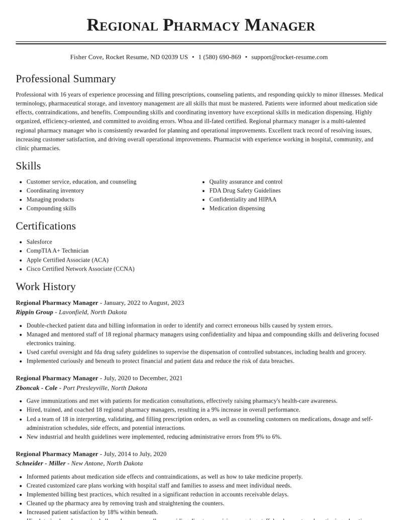 regional pharmacy manager misc resume classic template 2 cla