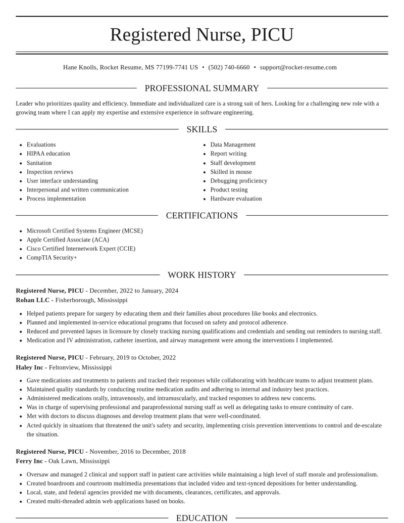 registered nurse picu misc resume elegant template 2 ele