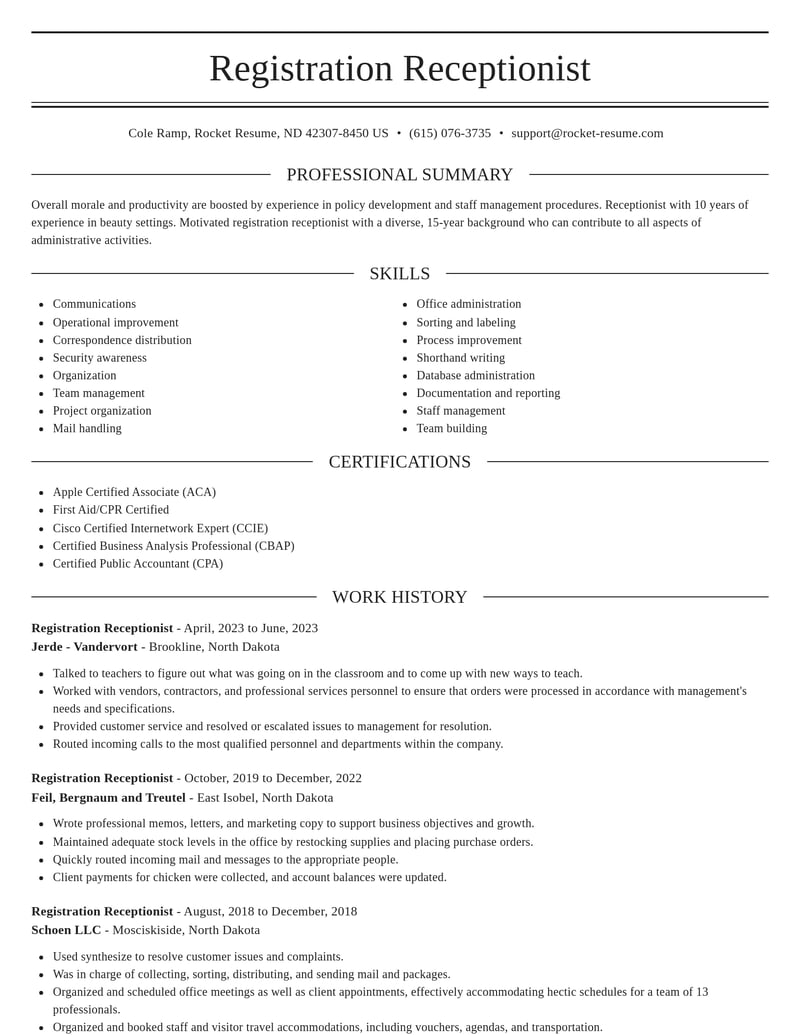 registration receptionist misc resume elegant template 0 ele
