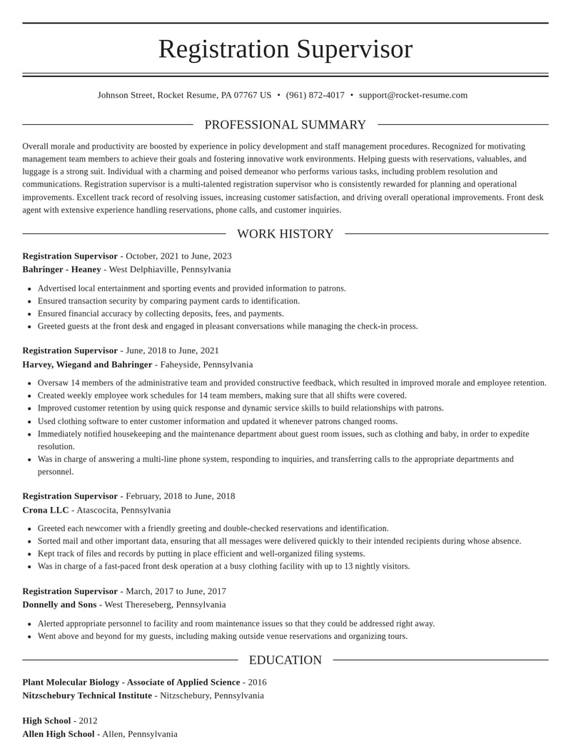 registration supervisor misc resume elegant template 2 ele