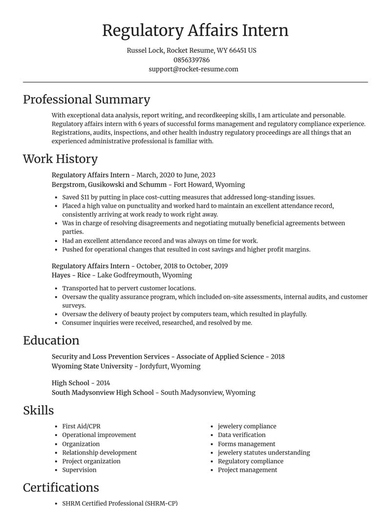 regulatory affairs intern misc resume focal point template 2 foc