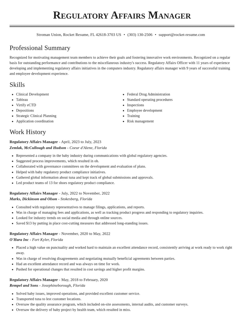 regulatory affairs manager misc resume classic template 0 cla