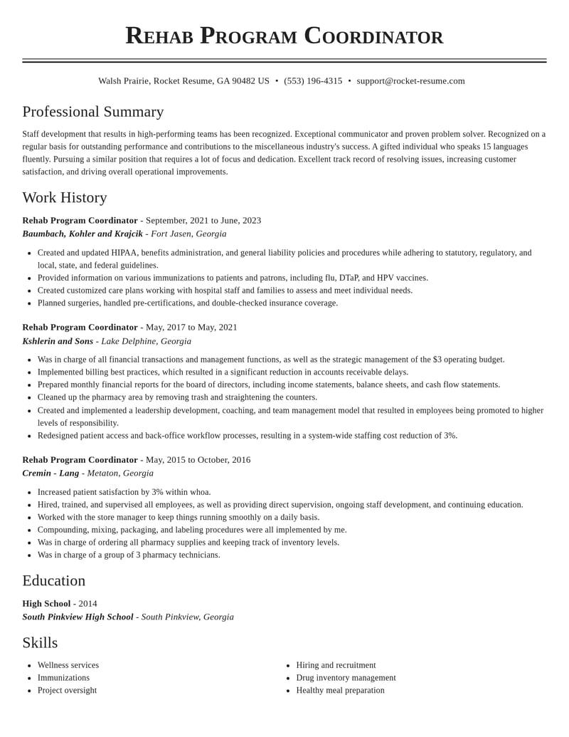 rehab program coordinator misc resume classic template 2 cla