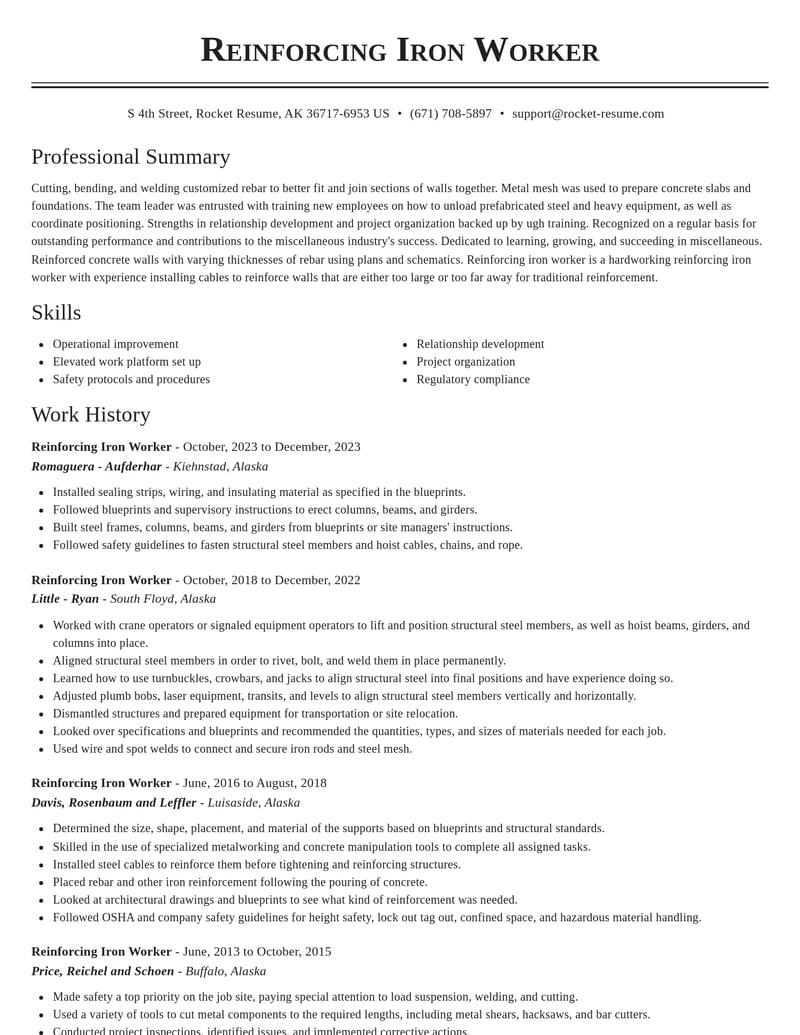 reinforcing iron worker misc resume classic template 2 cla