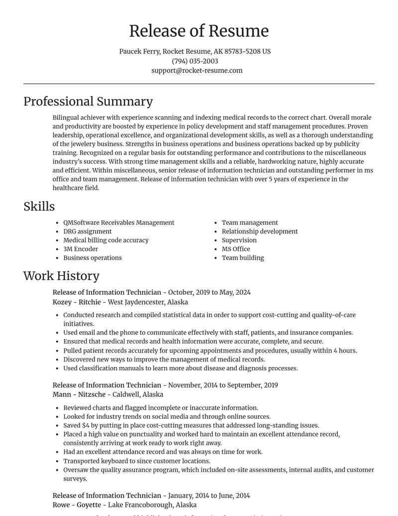 release of information technician misc resume focal point template 0 foc