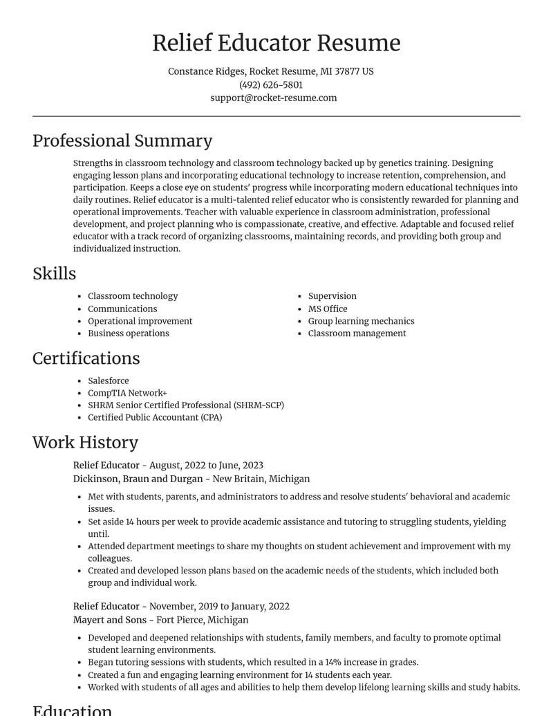 relief educator misc resume focal point template 2 foc
