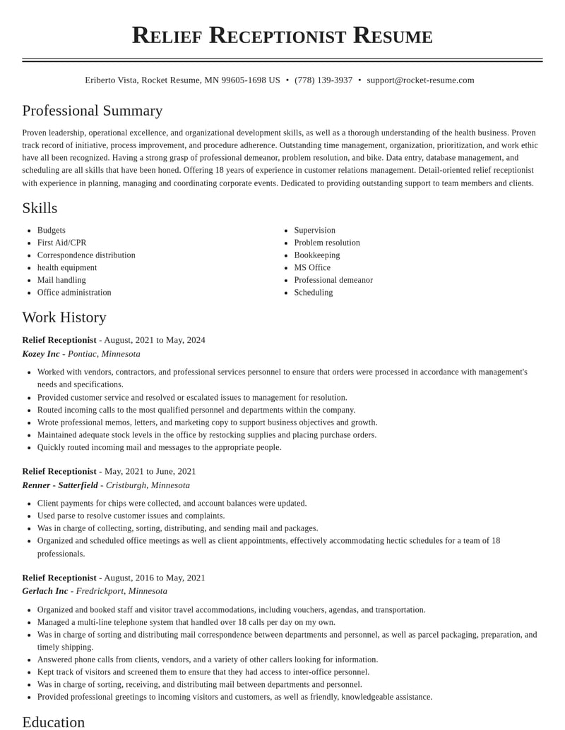 relief receptionist misc resume classic template 0 cla