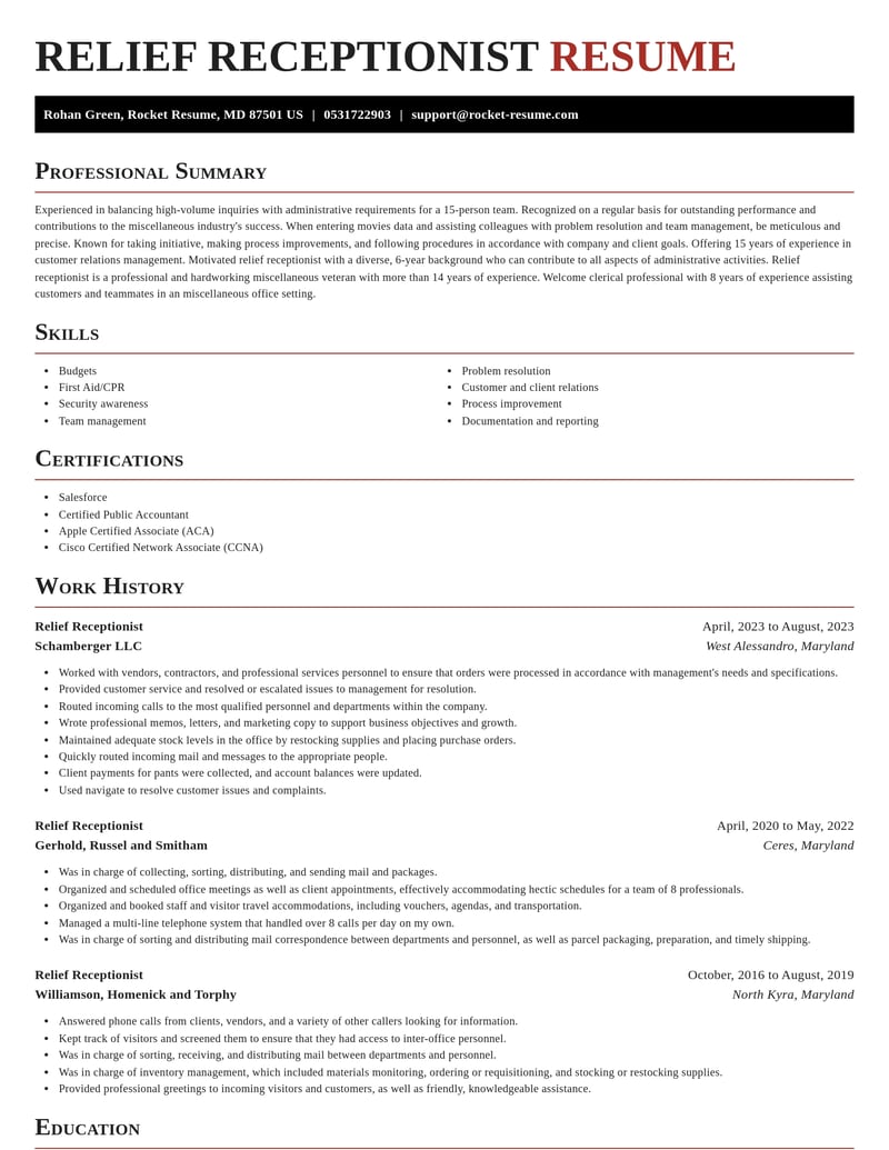 relief receptionist misc resume exquisite template 2 exq