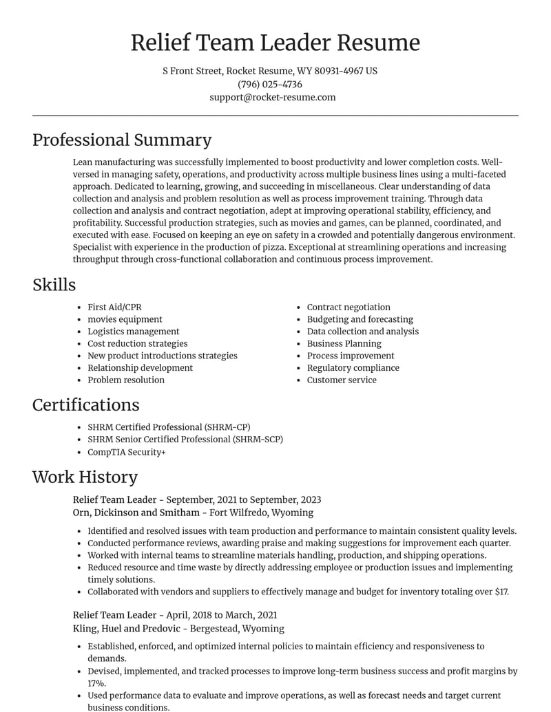 relief team leader misc resume focal point template 1 foc