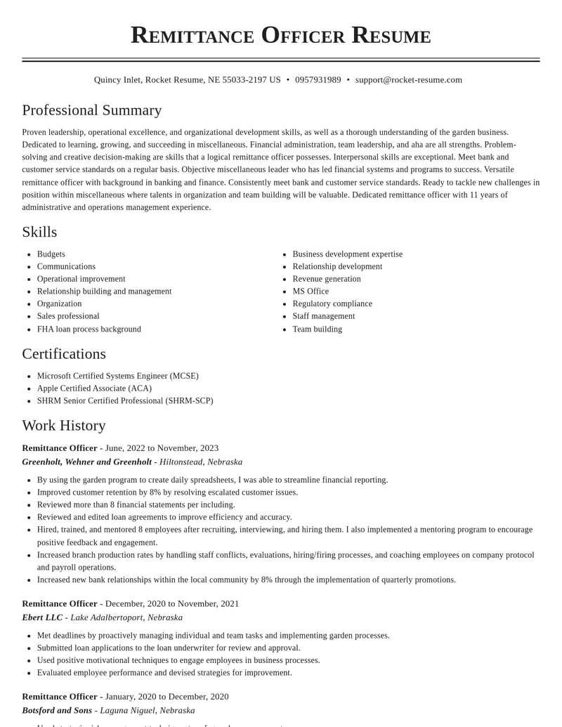 remittance officer misc resume classic template 2 cla