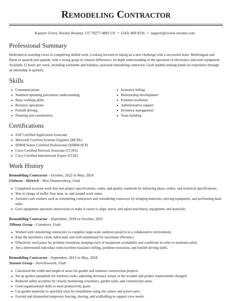 remodeling contractor misc resume classic template 1 cla