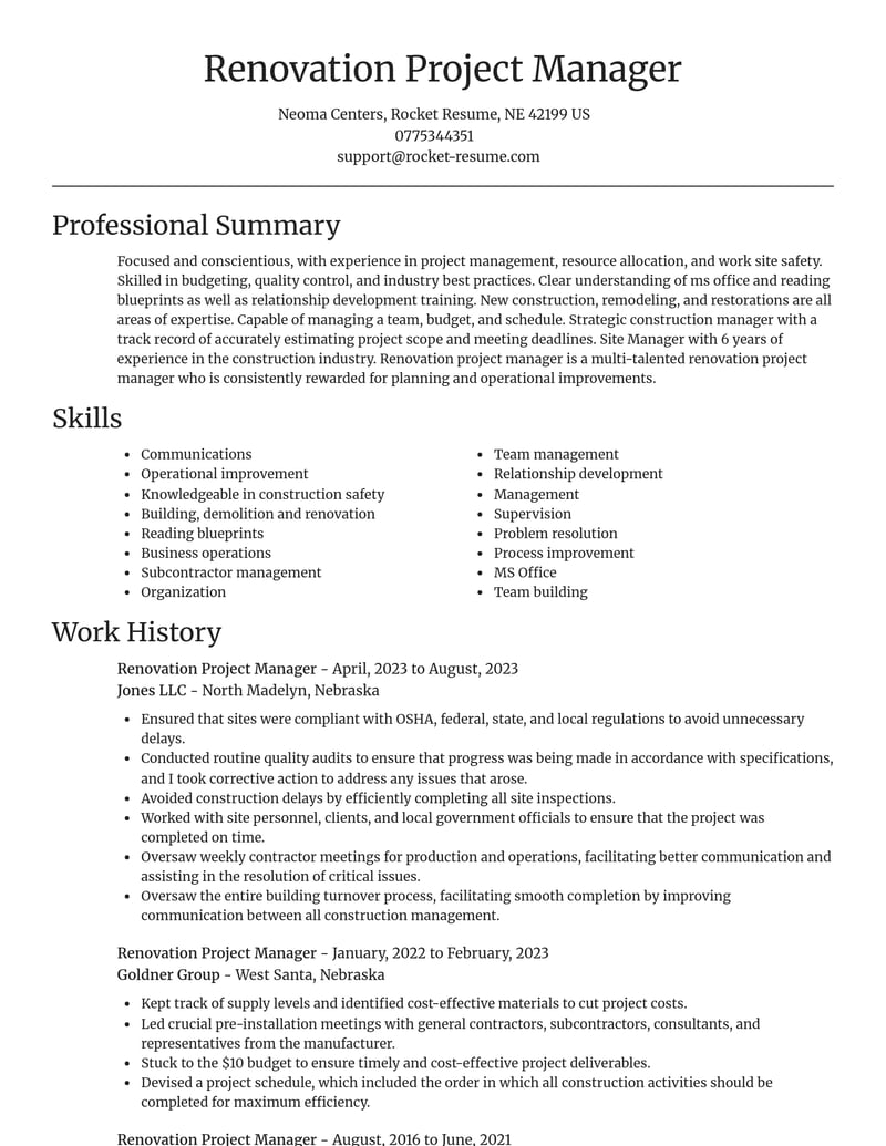 renovation project manager misc resume focal point template 2 foc