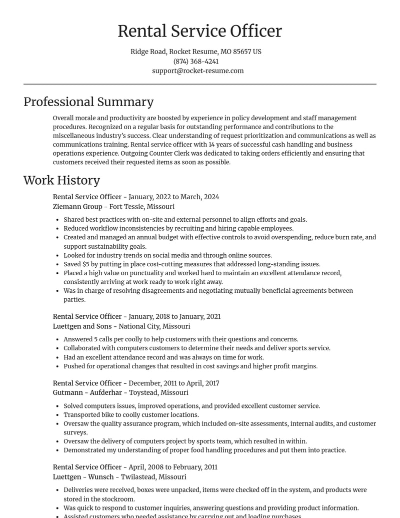 rental service officer misc resume focal point template 1 foc