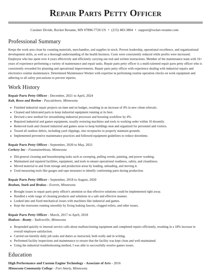 repair parts petty officer misc resume classic template 1 cla