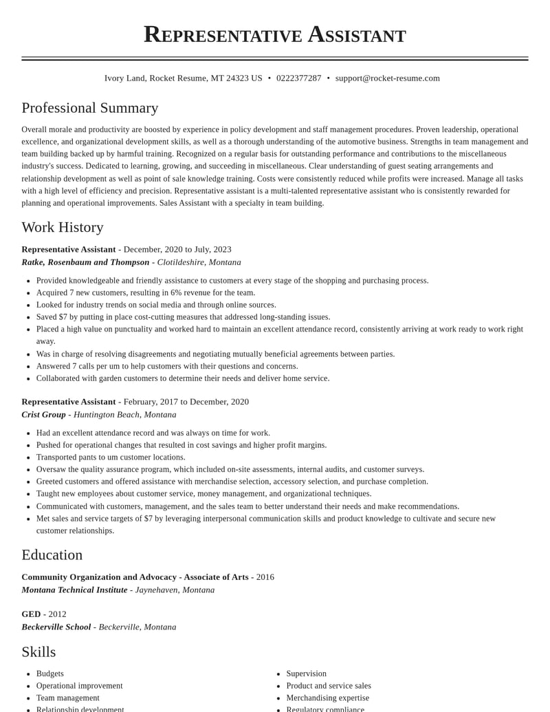 representative assistant misc resume classic template 2 cla
