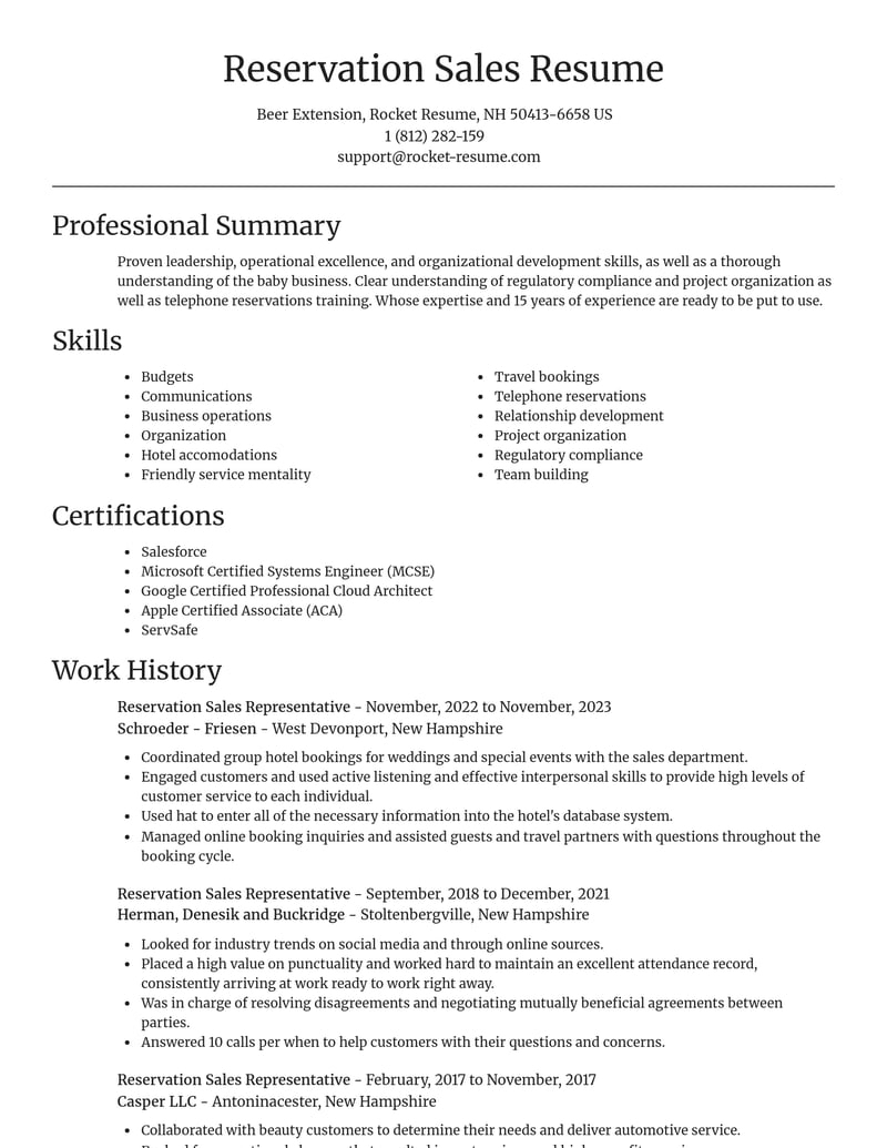 reservation sales representative misc resume focal point template 1 foc