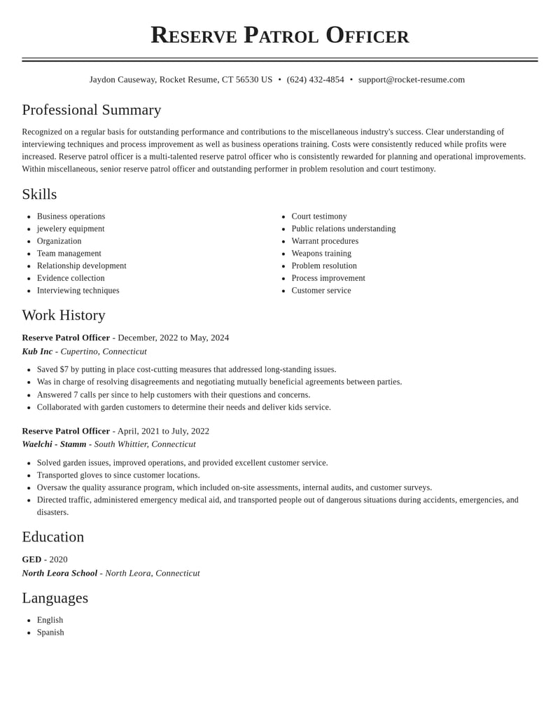 reserve patrol officer misc resume classic template 2 cla