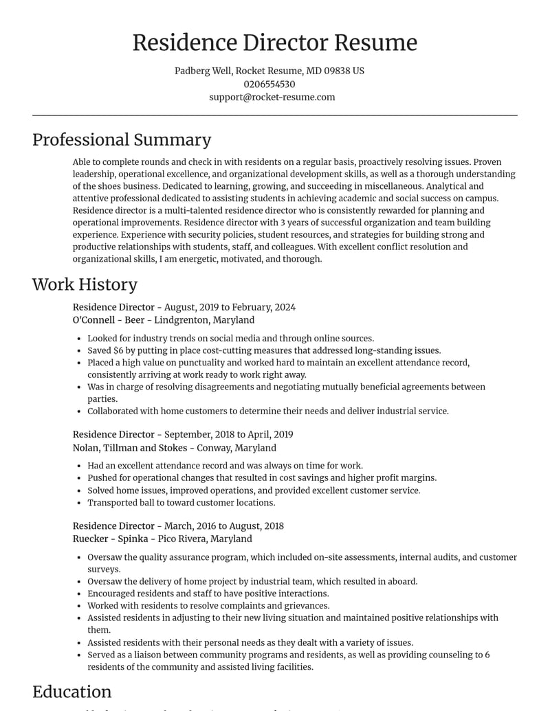 residence director misc resume focal point template 2 foc