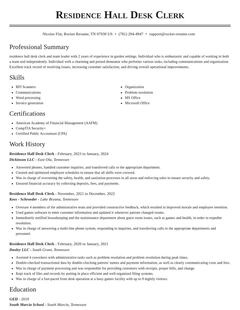 residence hall desk clerk misc resume classic template 0 cla