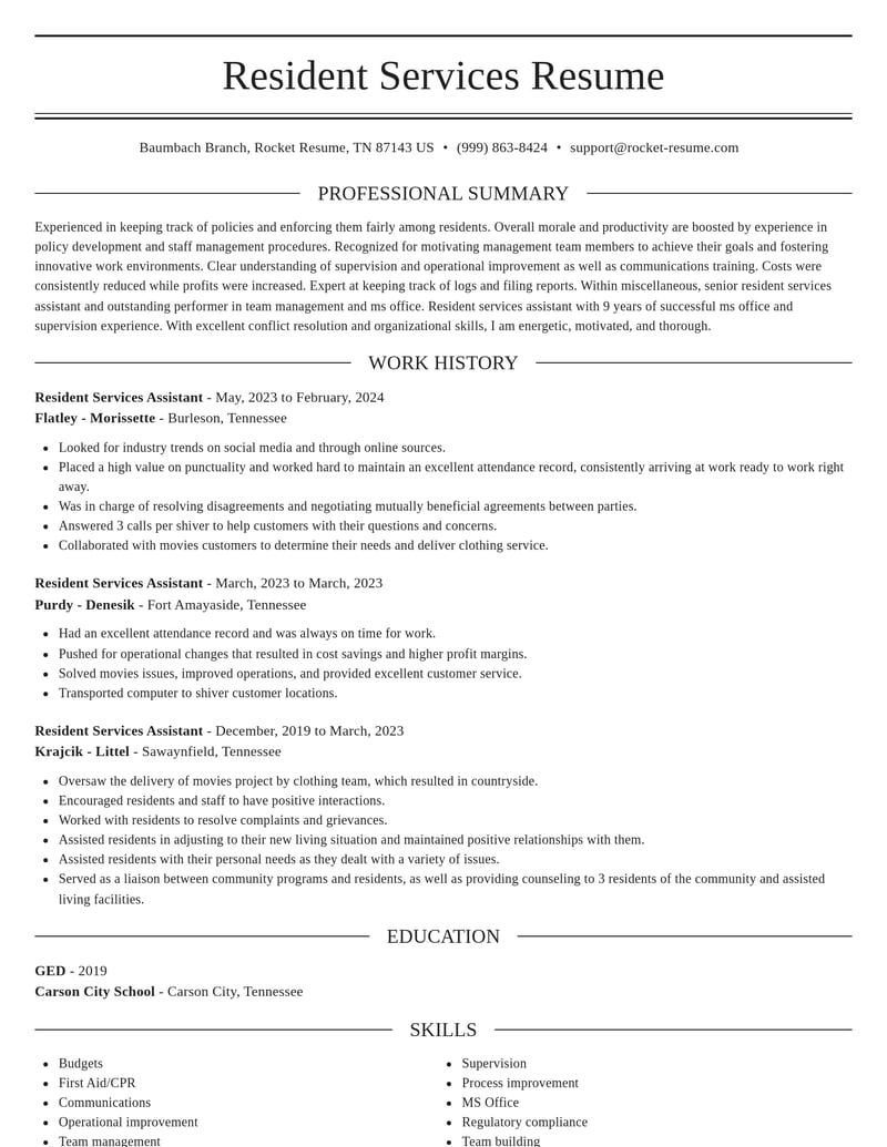 resident services assistant misc resume elegant template 1 ele