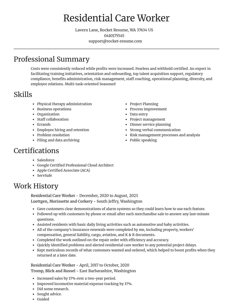 residential care worker misc resume focal point template 0 foc
