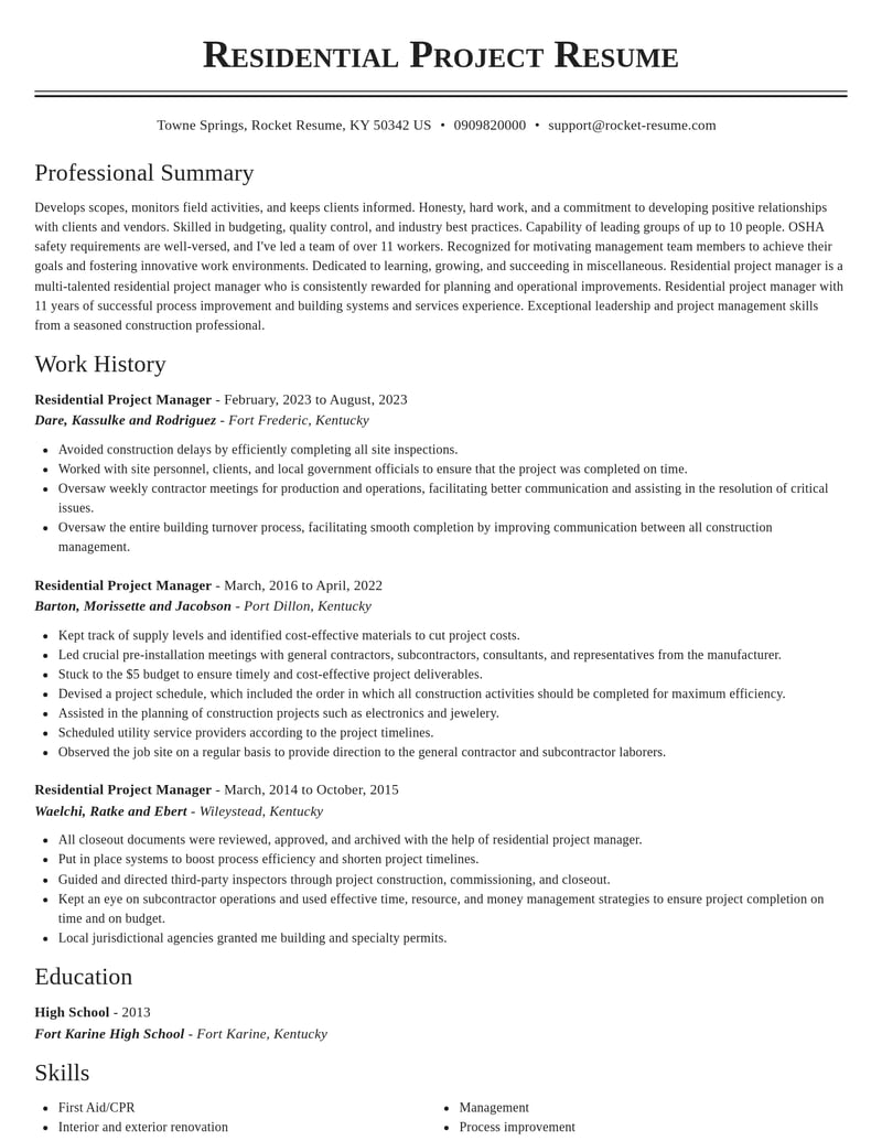 residential project manager misc resume classic template 2 cla