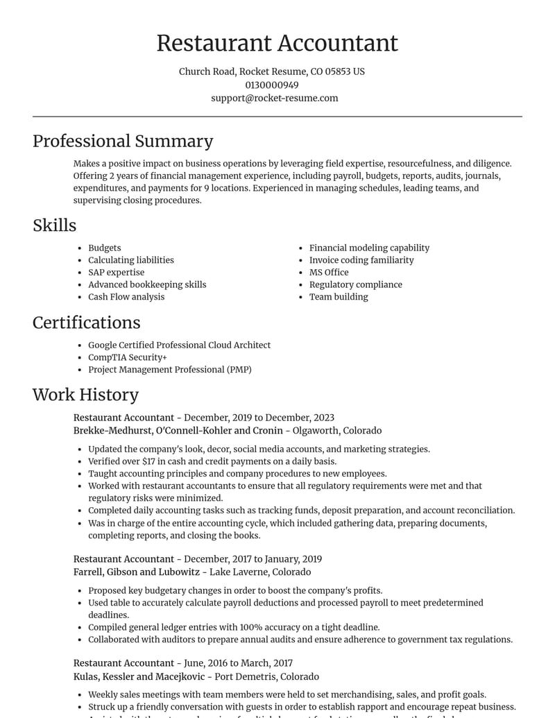 restaurant accountant misc resume focal point template 0 foc