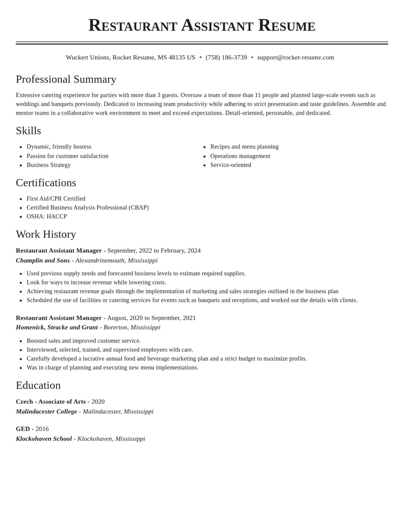 restaurant assistant manager misc resume classic template 2 cla